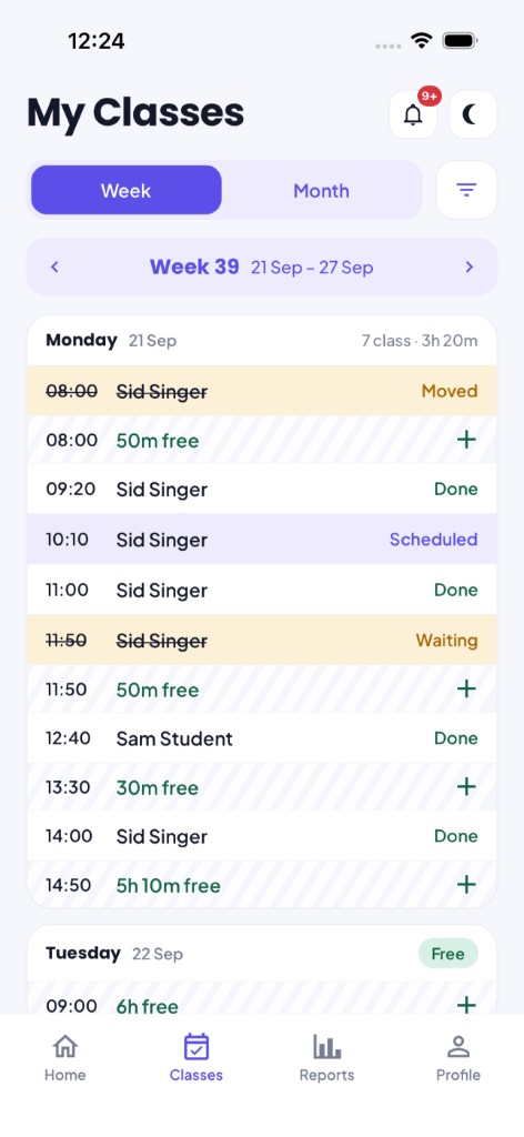 Loghia teacher weekly classes screen