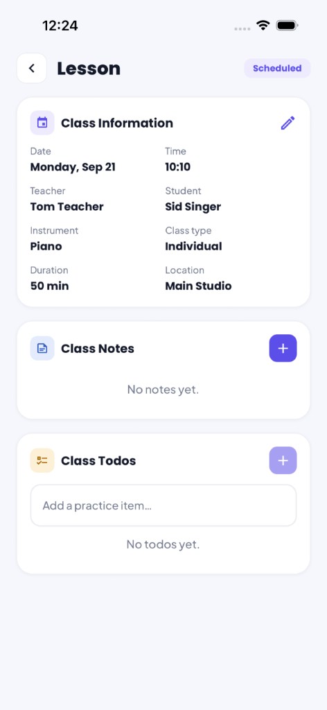 Loghia teacher lesson details with notes and homework